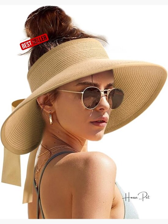 Wide Brim Straw Visor Hat Foldable UPF 50+ Ponytail Summer Beach